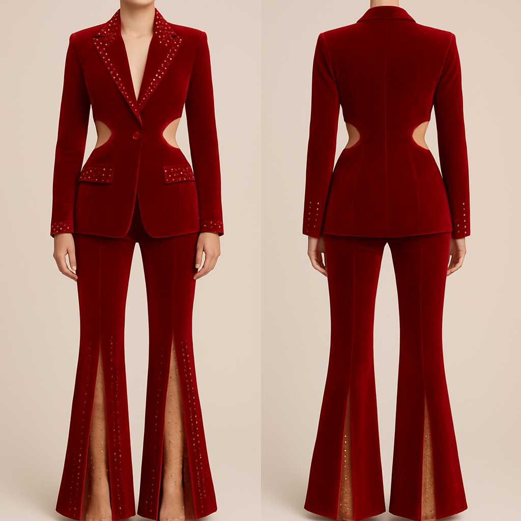 Red velvet 2 peice suit with holes on the sides of the jacket to show off the waistline. On the flap and pockets of the suit jacket, there should be red rhinestones and pearls. The pants should flare out just enough to make the legs look long with a split up the sides of the legs with skin tone mesh fabric showing off the skin with sprinkled red rhinestones and pearls.
Red velvet 2 peice suit with holes on the sides of the jacket to show off the waistline. On the flap and pockets of the suit jacket, there should be red rhinestones and pearls. The pants should flare out just enough to make the legs look long with a split up the sides of the legs with skin tone mesh fabric showing off the skin with sprinkled red rhinestones and pearls., business style, show front and back