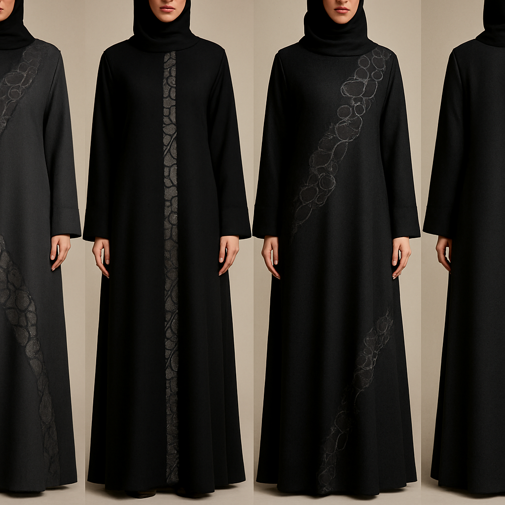 Create a modest abaya that's the first of its kind, featuring a unique stone design that exudes a classy and sophisticated vibe. I'd like four designs, each showcasing different styles and fabrics.
Incorporate high-end, unique chic stone designs to make them truly special. Add little sophisticated stone design.

Create a modest abaya that's the first of its kind, featuring a unique stone design that exudes a classy and sophisticated vibe. I'd like four designs, each showcasing different styles and fabrics.
Incorporate high-end, unique chic stone designs to make them truly special. Add little sophisticated stone design., show front and back
