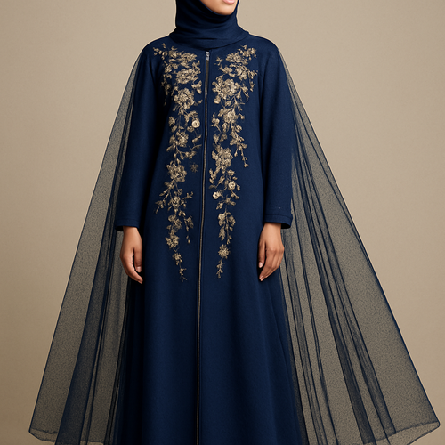 Create a khaleeji inspired though with embellished embroidery of flowers and a net cape with dark blue colour 
