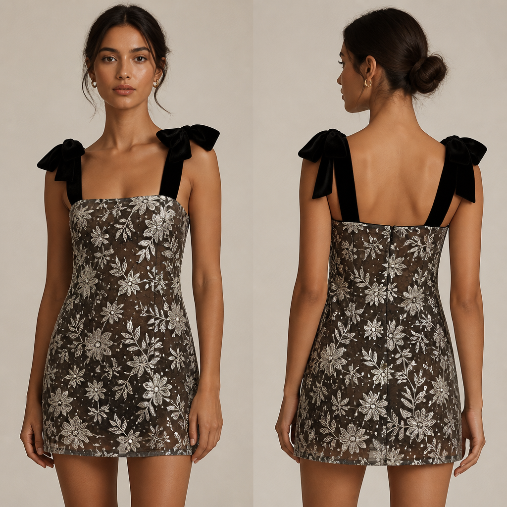 make a square mini dress with a sheer layer of embroidered fabric with white abstract flowers and leaves and dots of glitter all around. the that fabric have a sheer black base and make the straps thick velvet bows
photorealistic fashion design, make a square mini dress with a sheer layer of embroidered fabric with white abstract flowers and leaves and dots of glitter all around. the that fabric have a sheer black base and make the straps thick velvet bows , just the design no text, show front and back