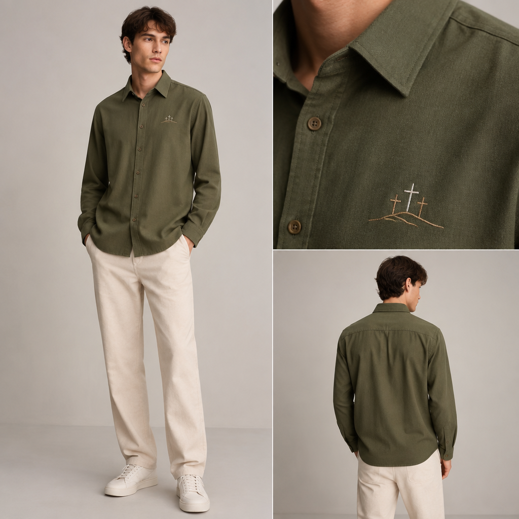 A Male Top design, suitable for Spring. a military green top shirt garment ,with 3 crosses on a hill embroidered. ZW fashion aesthetics. Present it as professional fashion catalogue photography: the garment is the subject, shown full-length with editorial styling, neutral posing and tasteful, non-suggestive framing.
photorealistic fashion design, A Male Top design, suitable for Spring. a military green top shirt garment ,with 3 crosses on a hill embroidered. ZW fashion aesthetics. Present it as professional fashion catalogue photography: the garment is the subject, shown full-length with editorial styling, neutral posing and tasteful, non-suggestive framing., just the design no text