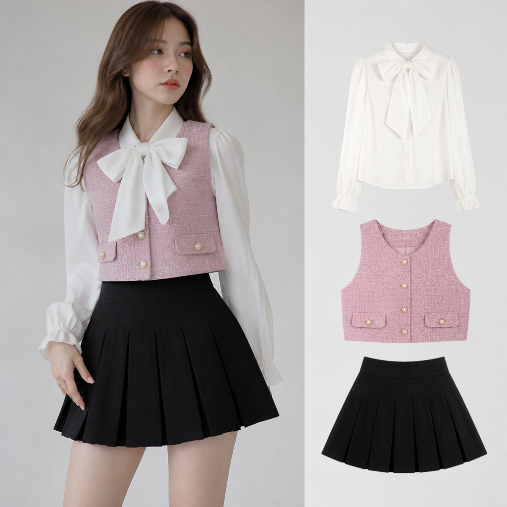 16. Dulce Academia
Prendas: blusa blanca con lazo + chaleco corto rosa o lavanda + falda plisada negra.
Colores: blanco, rosa, lavanda y negro.
Descripción: Mezcla coquette con academia, ideal para una clienta que no quiere vestir completamente de rosa.
Dificultad: media-alta.
Precio sugerido: S/119 a S/139.. Peru fashion aesthetics.
photorealistic fashion design, 16. Dulce Academia
Prendas: blusa blanca con lazo + chaleco corto rosa o lavanda + falda plisada negra.
Colores: blanco, rosa, lavanda y negro.
Descripción: Mezcla coquette con academia, ideal para una clienta que no quiere vestir completamente de rosa.
Dificultad: media-alta.
Precio sugerido: S/119 a S/139.. Peru fashion aesthetics., just the design no text