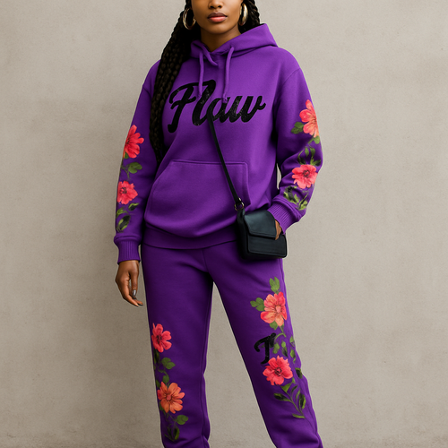 Purple jogging suit hoodie with bold words Flaw in abbreviation on it in Black in cursive braids gold hoop earrings and gold bracelet flowers on the sleeves and pants Flaw going down on the pants Black cross body purse and black nike shoes a black beanie 