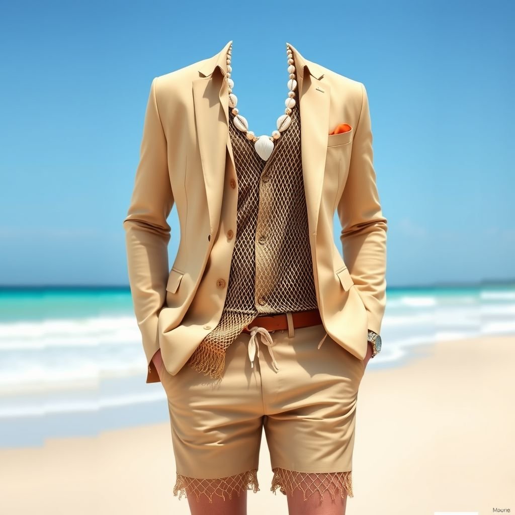 Create a beach mens outfit that has the top netting a tan color make the top be a button down but opened in the front area to reveal men’s torso. with the guy wearing seashell necklace. Have him wearing a nude suit jacket and shorts with the outfit that also incorporate netting on it. M
Design a stylish beach menswear ensemble featuring a tan netted button-down, intentionally left open to showcase the torso. Pair it with a tailored nude suit jacket, elegantly blending casual chic and relaxed vibes. Complete the look with matching shorts adorned with netting details, accessorized by a striking seashell necklace for a coastal flair.