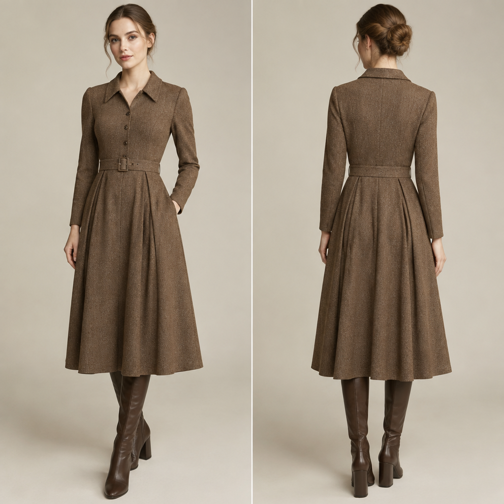 A Dress design, with a soft, cosy hand, suitable for Fall, in Classic style, shown on a model with light skin. IQ fashion aesthetics. Present it as professional fashion catalogue photography: the garment is the subject, shown full-length with editorial styling, neutral posing and tasteful, non-suggestive framing.
photorealistic fashion design, A Dress design, with a soft, cosy hand, suitable for Fall, in Classic style, shown on a model with light skin. IQ fashion aesthetics. Present it as professional fashion catalogue photography: the garment is the subject, shown full-length with editorial styling, neutral posing and tasteful, non-suggestive framing., classic style, just the design no text, show front and back