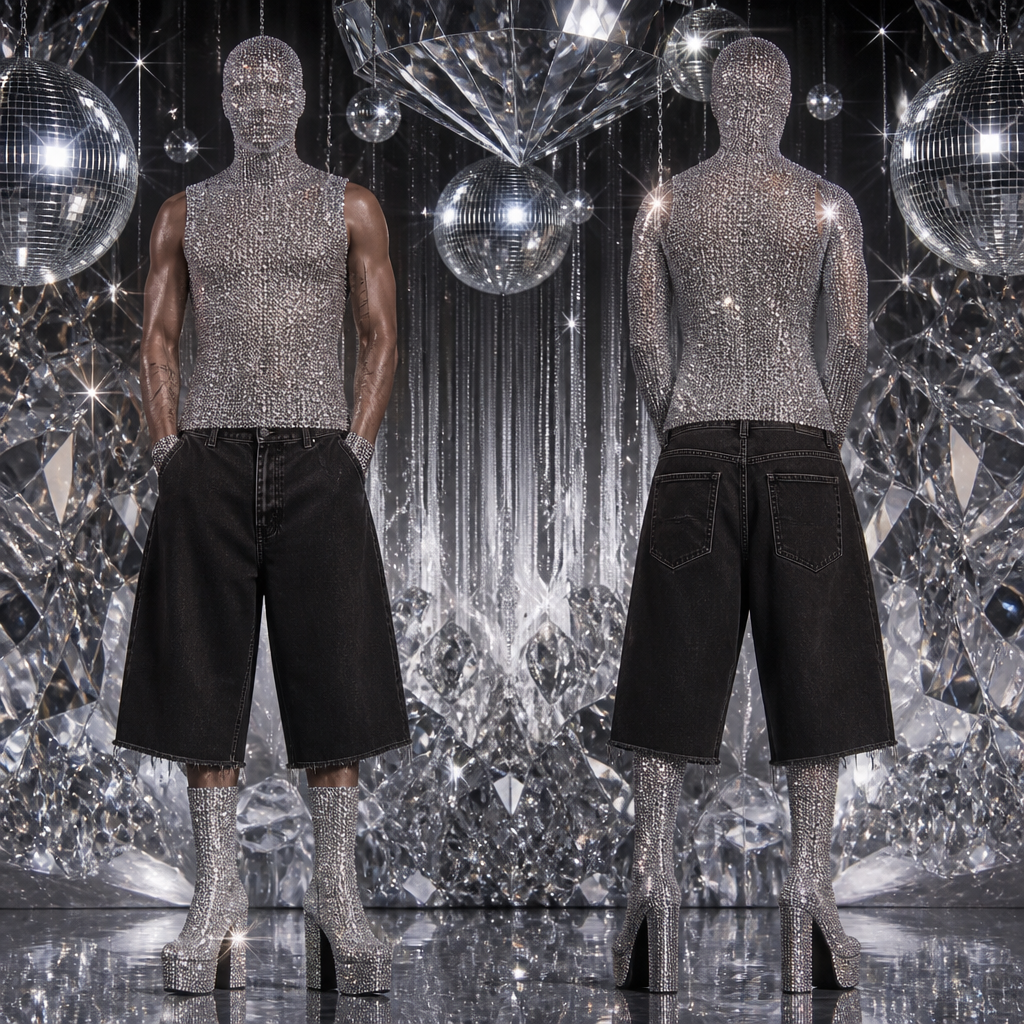 disegna un uomo con la faccia e la testa tutta coperta da una “cuffia” invisibile ricoperta di brillantini argento (talmente tanti vicini che non si vedono gli occhi i capelli ecc) poi come vestiti fai i brillantini che continuano sotto la maschera quindi fai una canotta a sua volta coperta di brillantini e come pantaloni dei jeans neri corti baggy e calzini con brillantini sempre argento, infine scarpe fai degli scarponi come fossero tacchi da uomo tutti brillantinati. se vuoi farlo perfetto crea uno sfondo fantasy a tema con diamanti
photorealistic fashion design, disegna un uomo con la faccia e la testa tutta coperta da una “cuffia” invisibile ricoperta di brillantini argento (talmente tanti vicini che non si vedono gli occhi i capelli ecc) poi come vestiti fai i brillantini che continuano sotto la maschera quindi fai una canotta a sua volta coperta di brillantini e come pantaloni dei jeans neri corti baggy e calzini con brillantini sempre argento, infine scarpe fai degli scarponi come fossero tacchi da uomo tutti brillantinati. se vuoi farlo perfetto crea uno sfondo fantasy a tema con diamanti, disco style, just the design no text, show front and back