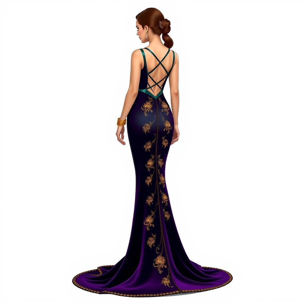 Silhouette: • Fitted mermaid cut to accentuate the curves • Deep V neckline with subtle mesh panel for structure • Low open back with crisscross velvet straps for drama Fabric: • Rich velvet in a deep royal purple or midnight emerald green • Inner lining with silk for comfort and movement Details: • Gold embroidered appliqué along the neckline and cascading down one side of the hip (featuring swirls that match the ALIAA crest design) • The ALIAA logo embroidered on the left wrist area in gold thread—subtle, but signature • A long flowing velvet train edged in black organza for texture contrast Accessories: • Long gold cuff bracelets • Minimalist diamond drop earrings • Velvet platform heels with gold soles
Design a classic mermaid gown that embodies timeless elegance. Featuring a fitted silhouette to accentuate curves, the deep V-neckline incorporates a delicate mesh panel, enhancing structure. A dramatic low back adorned with crisscross velvet straps adds sophistication. Crafted from rich velvet in royal purple or midnight emerald, the gown boasts gold embroidered appliqués that gracefully cascade, echoing the ALIAA crest. Inner silk lining ensures comfort, while a flowing black organza-edged train elevates the luxurious effect. Complete with long gold cuff bracelets, minimalist diamond drop earrings, and plush velvet platform heels with shimmering gold soles, this design exudes opulent charm.