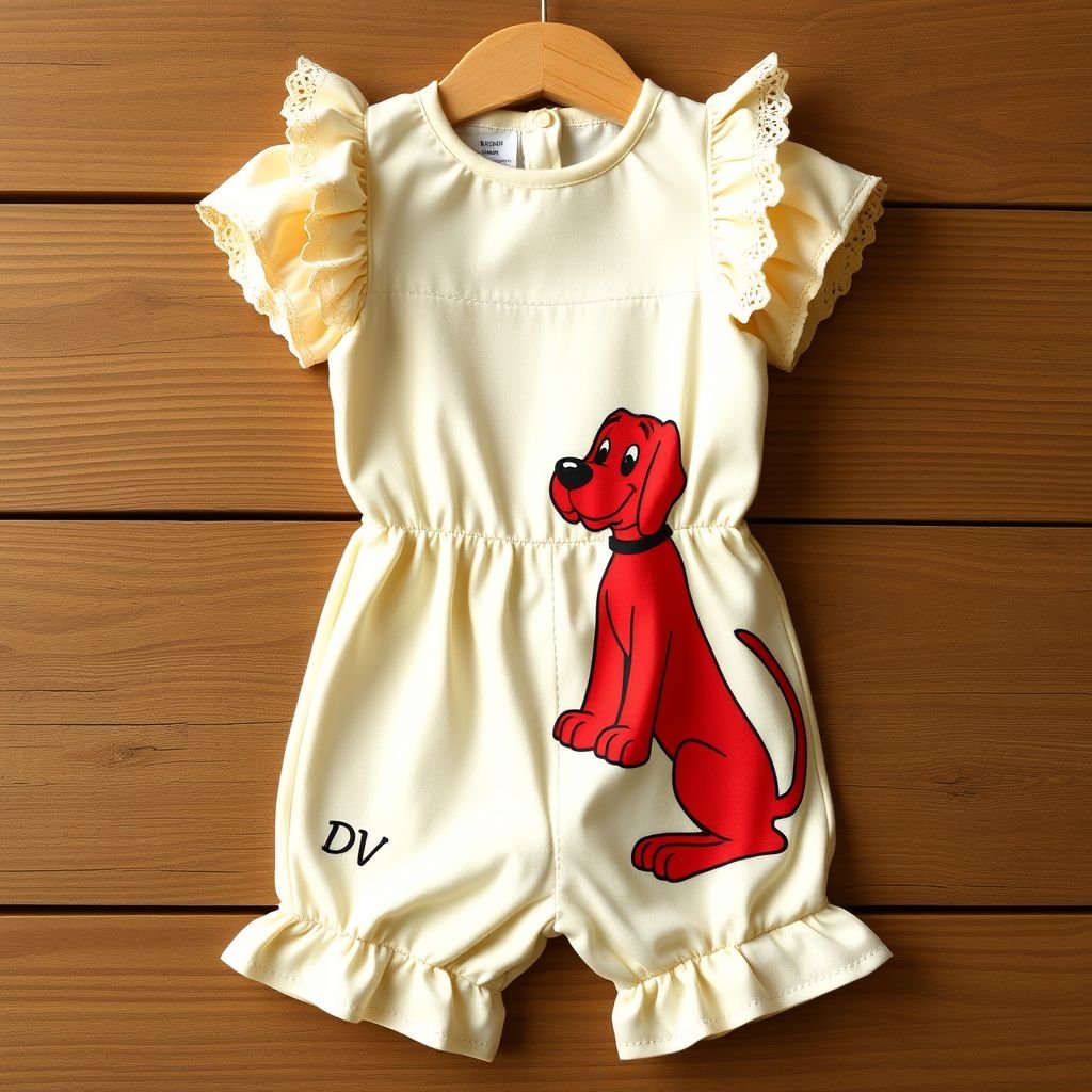 Baby infant and toddler Clifford cartoon outfit. With DV on bottom left corner. Make sure to actually include the red Clifford dog cartoon character
Design a charming vintage-inspired outfit for infants and toddlers featuring a classic cartoon illustration of Clifford the Big Red Dog. The ensemble includes a soft, pastel-hued romper adorned with delicate lace accents, flared sleeves, and a cheerful Clifford print. A small 'DV' is stitched in the bottom left corner. Ideal for nostalgic parents!