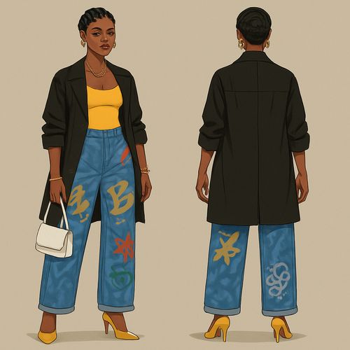 Black woman 
Finger waves 
Yellow spaghetti strap shirt 
Black trench coat sleeves rolled up 
Big jeans with graffiti 
White purse 
Yellow heels 
Gold jewelry 
