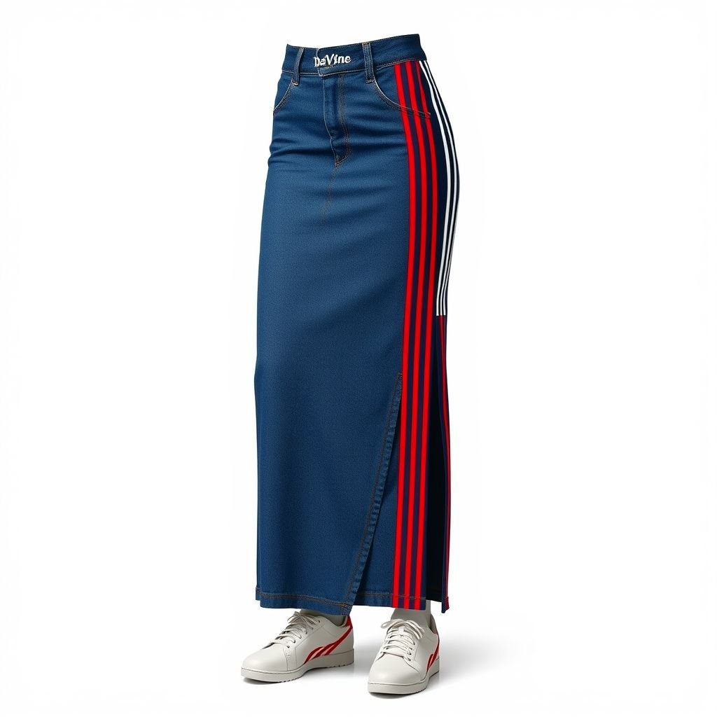 Make me a sporty skirt that looks like adidas, except add “Da’Vine” on it, put 2 stripes and make half of the skirt jean and the other half stretchy. The skirt should be long
Design a long sporty skirt inspired by adidas, featuring bold, contrasting elements. The left half should be made of classic denim, while the right half boasts a stretchy, breathable fabric for ultimate comfort and movement. Accentuate with two striking racing stripes, and emblazon "Da’Vine" across the waist in sleek, athletic lettering.