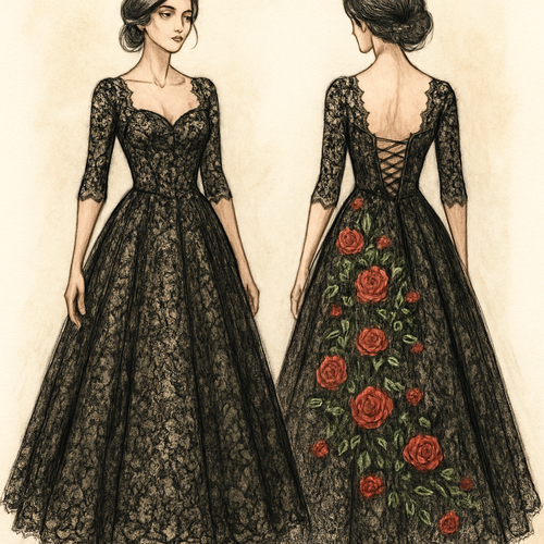 Lace wedding dress,black color, champagne underline, 1/3 sleeves sleeves. With red roses and green vines embroidered cascading down the back of the dress. Corset top and lace up back.