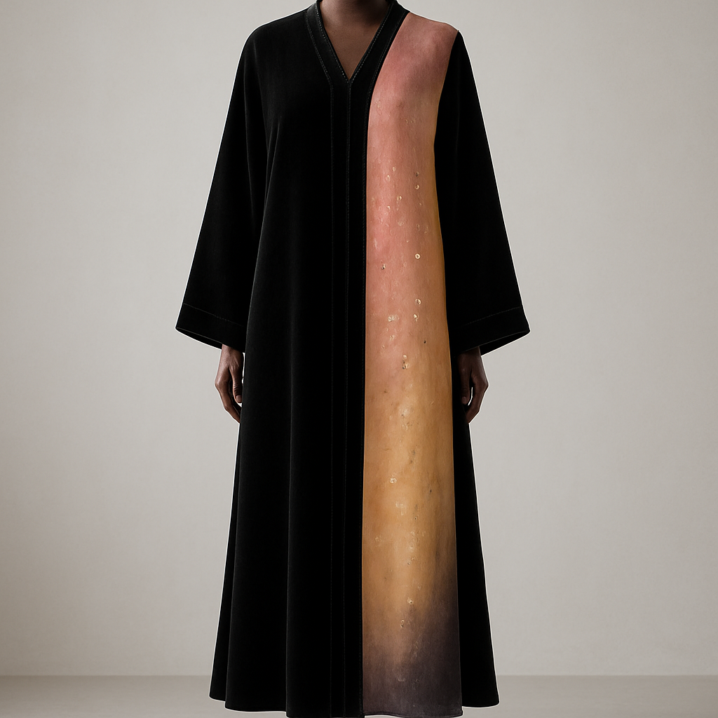 
9) Watercolor ombré panel  
Photorealistic full-length black velvet ankle-length abaya on a luxurious polished dark-walnut wooden mannequin with carved pedestal, ankle visible; soft watercolor-painted panel along one side in blush-to-gold ombré, highlighted with sparse crystal accents that follow the paint strokes. Studio: soft natural light, clean light-gray background, high-resolution painterly detail. (Midjourney: --ar 2:3 --v 5 --q 2 --stylize 1000)


9) Watercolor ombré panel  
Photorealistic full-length black velvet ankle-length abaya on a luxurious polished dark-walnut wooden mannequin with carved pedestal, ankle visible; soft watercolor-painted panel along one side in blush-to-gold ombré, highlighted with sparse crystal accents that follow the paint strokes. Studio: soft natural light, clean light-gray background, high-resolution painterly detail. (Midjourney: --ar 2:3 --v 5 --q 2 --stylize 1000)