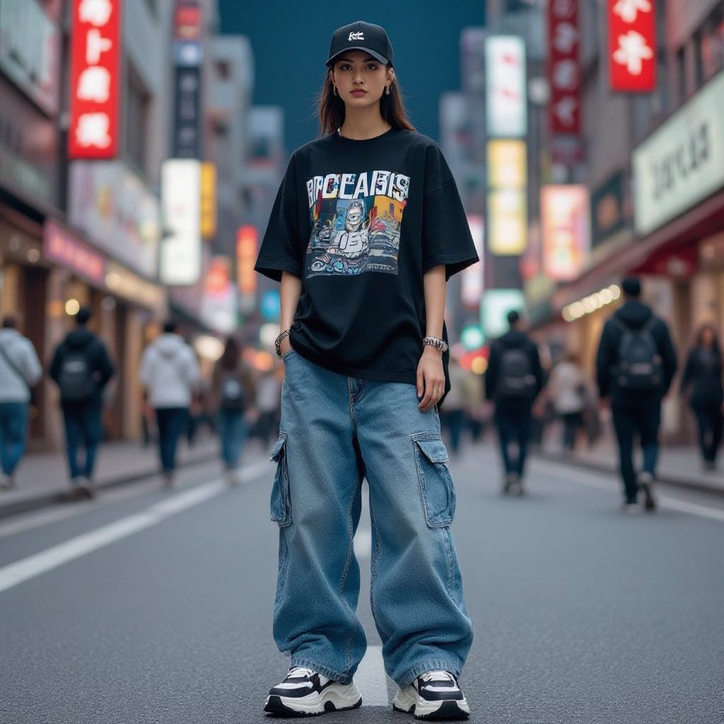 Bold
Streetwear fashion: Bold graphic t-shirt, baggy jeans, chunky sneakers, baseball cap.