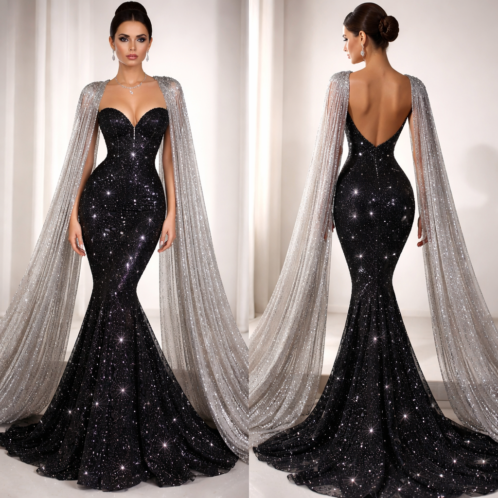 A black dress with silvershimmerlike stars twinkling, long mermaid dress with long sleeves cape of silver shimmer colour, hair with bu n and thin silver necklace
A black dress with silvershimmerlike stars twinkling, long mermaid dress with long sleeves cape of silver shimmer colour, hair with bu n and thin silver necklace, show front and back