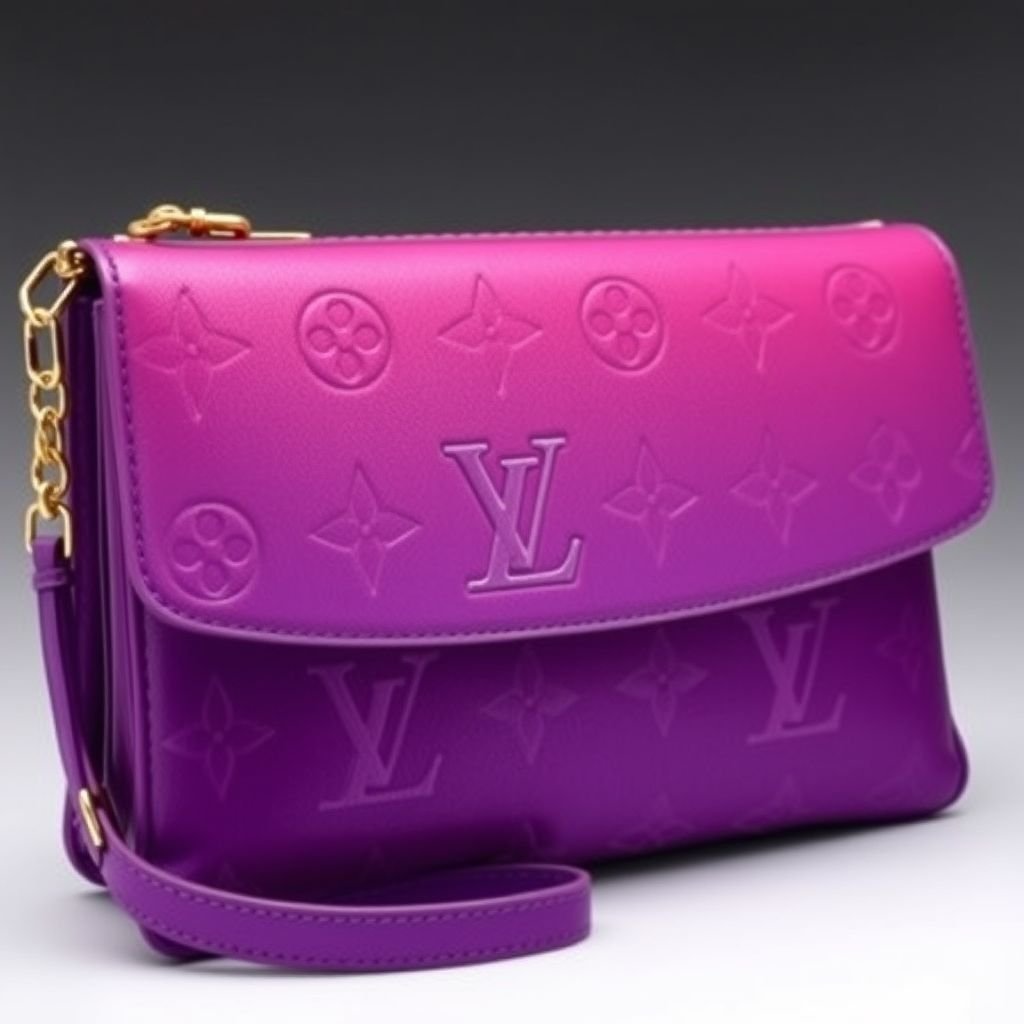 Design a large Louis Vuitton-inspired clutch featuring a vibrant, gradient ombre effect that transitions from deep purple to soft lilac. The bag is adorned with intricate, hand-stitched Louis Vuitton motifs and metal edging details. Complete it with a detachable chain strap for versatile wear, combining elegance with a bold statement style.
Create an elegant, oversized clutch inspired by Louis Vuitton, showcasing a stunning gradient ombre effect from deep royal purple to delicate lilac. Adorn it with meticulously hand-stitched LV motifs, gold metal edging, and a subtle, shimmering finish. Accentuate sophistication with a luxurious, detachable chain strap, blending classic elegance with contemporary flair.