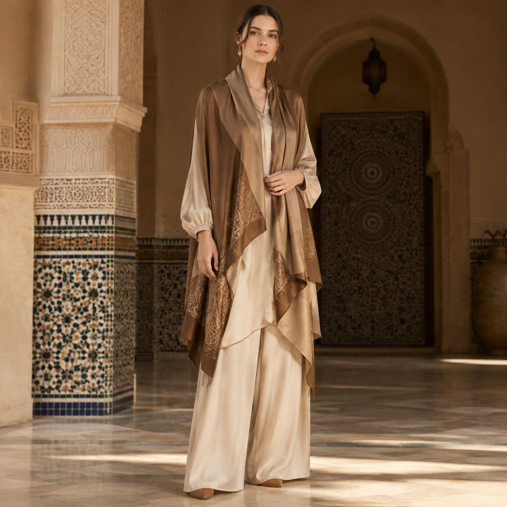 A Female Accessories design, made of Silk, with a sleek, smooth finish, with a Tailored silhouette, styled in layers, in an Earth Tones color palette, for Work, suitable for Fall, suited to a Temperate climate, in Classic style, shown on a model with fair skin and a slim figure. Morocco fashion aesthetics. Present it as professional fashion catalogue photography: the garment is the subject, shown full-length with editorial styling, neutral posing and tasteful, non-suggestive framing.
photorealistic fashion design, A Female Accessories design, made of Silk, with a sleek, smooth finish, with a Tailored silhouette, styled in layers, in an Earth Tones color palette, for Work, suitable for Fall, suited to a Temperate climate, in Classic style, shown on a model with fair skin and a slim figure. Morocco fashion aesthetics. Present it as professional fashion catalogue photography: the garment is the subject, shown full-length with editorial styling, neutral posing and tasteful, non-suggestive framing., classic style, just the design no text