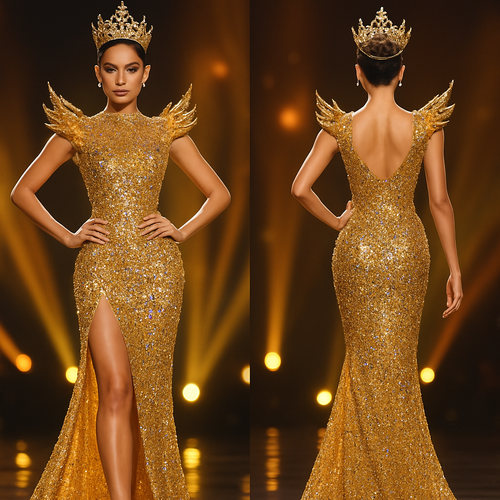 Design a powerful and elegant full-body golden gown for a beauty queen. The dress must be entirely covered with shiny golden gemstones and a few purple crystals for detail. The gown should be tight all the way down with a high slit from the waist, showing confidence and fire. Add short sculpted golden wings on the shoulders, shaped like energy flames — not long or heavy, just enough to symbolize power. Make the model wear a crown and show a confident pose, with perfect lighting and stage atmosphere. The look must radiate glamour, leadership, and Miss Grand-style fire.”
