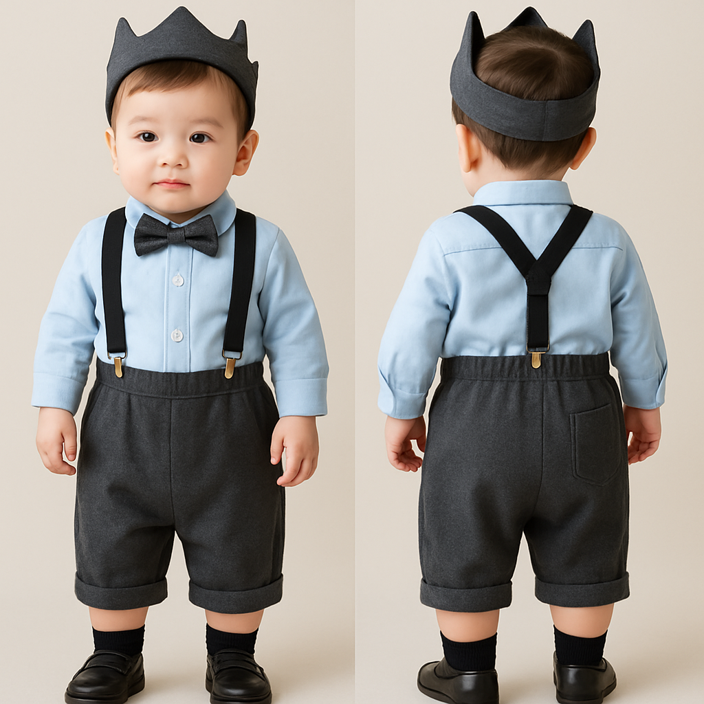 一歳の男の子着用画
薄い水色のワイシャツ、濃いグレーの蝶ネクタイ
濃いグレーの7分丈ズボン(丸みあり)、ポケット付き
黒のサスペンダー
黒い靴下にローファー
頭には濃いグレーの王冠風ヘアバンド
一歳の男の子着用画
薄い水色のワイシャツ、濃いグレーの蝶ネクタイ
濃いグレーの7分丈ズボン(丸みあり)、ポケット付き
黒のサスペンダー
黒い靴下にローファー
頭には濃いグレーの王冠風ヘアバンド
, show front and back