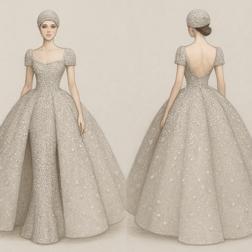Diamond-studded evening dress with a puffy tail and cap