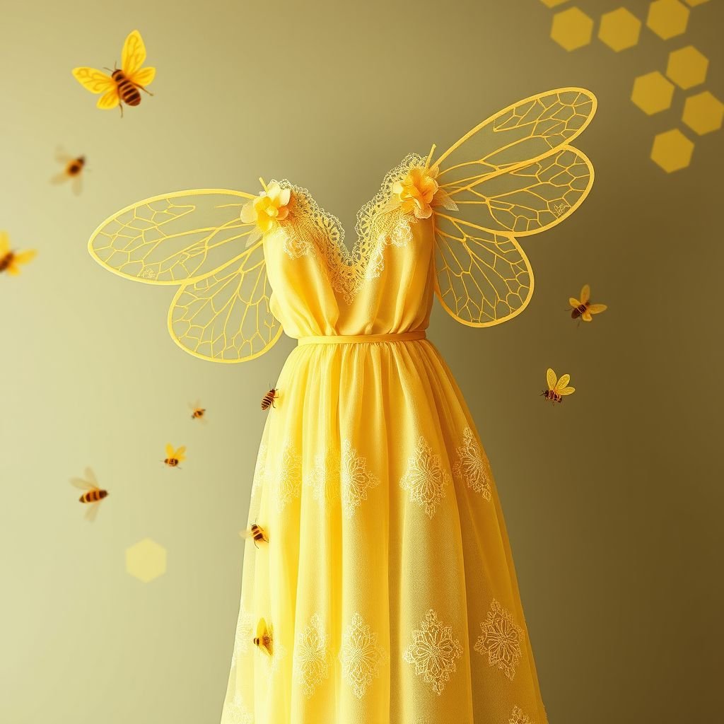A honey bee & honey comb themed spring day dress.
Design a whimsical honey bee and honeycomb-themed spring day dress that features delicate, sheer fabrics in warm yellows and soft golds. Incorporate gentle, flowing lines that mimic the curves of honey and bee wings. Adorn the dress with intricate lace detailing resembling honeycomb patterns, and playful bee motifs scattered throughout for a softcore allure.