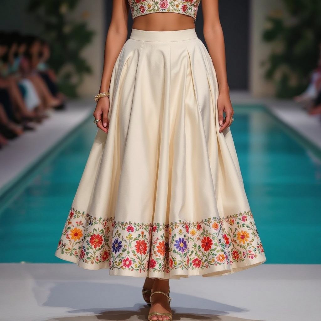 Chaniya
Chaniya. A-line flared midi skirt, silk fabric, embroidered hem.