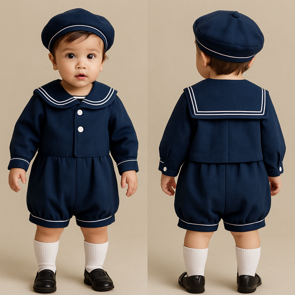 1歳の女の子、男の子着用
ユニセックス
紺に白線のセーラー服のセットアップ
セーラー部分は大きめ、
前襟のセーラー部分は丸く
真ん中に白いボタン2つ
長袖、袖口に白いボタン
ズボンはかぼちゃ型の半ズボン (丸く)
ズボンの裾に白線
生地は涼しめ、上下同じ生地セットアップと
同じ生地で、紺に一本の白線のベレー帽、
トップノブあり
白いハイソックス
ローファー
1歳の女の子、男の子着用
ユニセックス
紺に白線のセーラー服のセットアップ
セーラー部分は大きめ、
前襟のセーラー部分は丸く
真ん中に白いボタン2つ
長袖、袖口に白いボタン
ズボンはかぼちゃ型の半ズボン (丸く)
ズボンの裾に白線
生地は涼しめ、上下同じ生地セットアップと
同じ生地で、紺に一本の白線のベレー帽、
トップノブあり
白いハイソックス
ローファー, show front and back