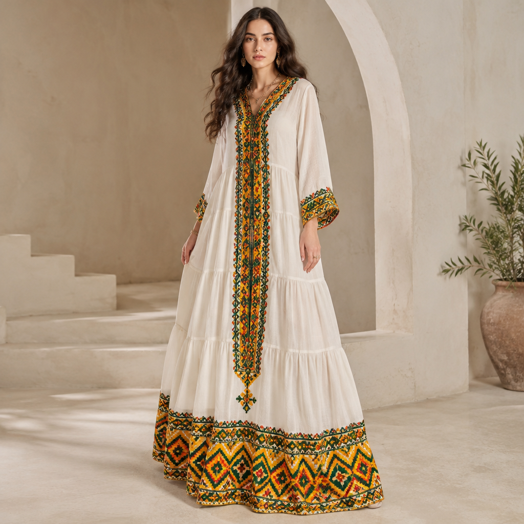 A Habesha Kemis design, made of Cotton, with a light, flowing drape, with a Relaxed silhouette, styled in layers, in a Bold & Bright color palette, suitable for Summer, suited to a Temperate climate, in Bohemian style, shown on a model with fair skin Present it as professional fashion catalogue photography: the garment is the subject, shown full-length with editorial styling, neutral posing and tasteful, non-suggestive framing.
photorealistic fashion design, A Habesha Kemis design, made of Cotton, with a light, flowing drape, with a Relaxed silhouette, styled in layers, in a Bold & Bright color palette, suitable for Summer, suited to a Temperate climate, in Bohemian style, shown on a model with fair skin Present it as professional fashion catalogue photography: the garment is the subject, shown full-length with editorial styling, neutral posing and tasteful, non-suggestive framing., bohemian style, just the design no text