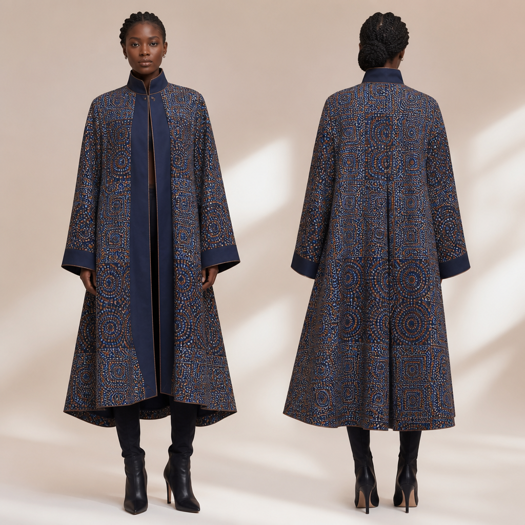 A Female fashion design. Consider South African fashion — diverse multicultural styles, Shweshwe prints, modern Afro-chic. Current season is Winter in South Africa.
photorealistic fashion design, A Female fashion design. Consider South African fashion — diverse multicultural styles, Shweshwe prints, modern Afro-chic. Current season is Winter in South Africa., just the design no text, show front and back