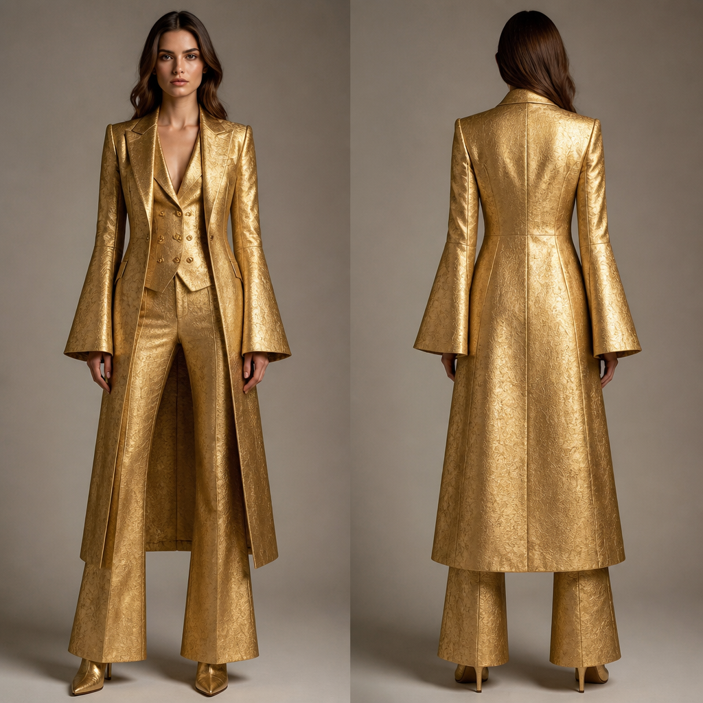 Golden three piece suit womens long coat flair sleeves , double breasted vest , pants flair legs Golden booties same fabric as the three piece suit .
photorealistic fashion design, Golden three piece suit womens long coat flair sleeves , double breasted vest , pants flair legs Golden booties same fabric as the three piece suit ., elegant style, just the design no text, show front and back