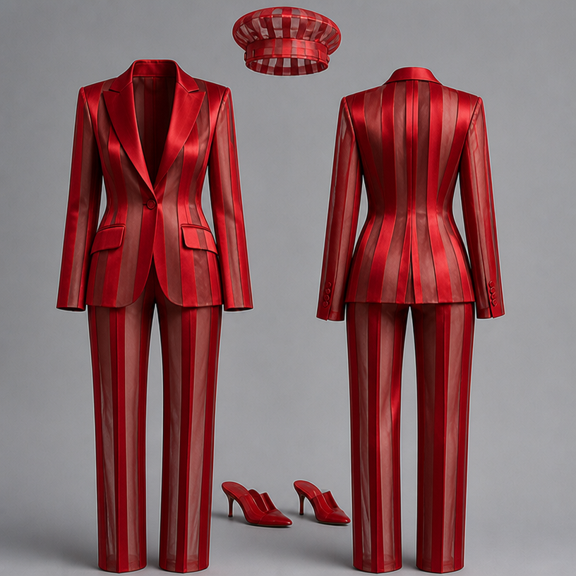 Make this suit striped big satin and sheer and the hat matches the suit same color and sheer striped Also
edit the attached fashion design with these instructions: Make this suit striped big satin and sheer and the hat matches the suit same color and sheer striped Also. keep it photorealistic, just the design no text
