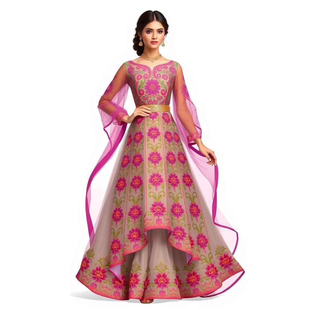 Desi long frock
Create an exquisite Desi long frock with intricate embroidery that blends traditional motifs and contemporary silhouettes. Incorporate a flowing A-line shape, vibrant jewel tones, and sheer organza sleeves. Add a delicate cinched waist with a shimmering belt, and finish with a high-low hemline for an ethereal, modern twist on classic elegance.