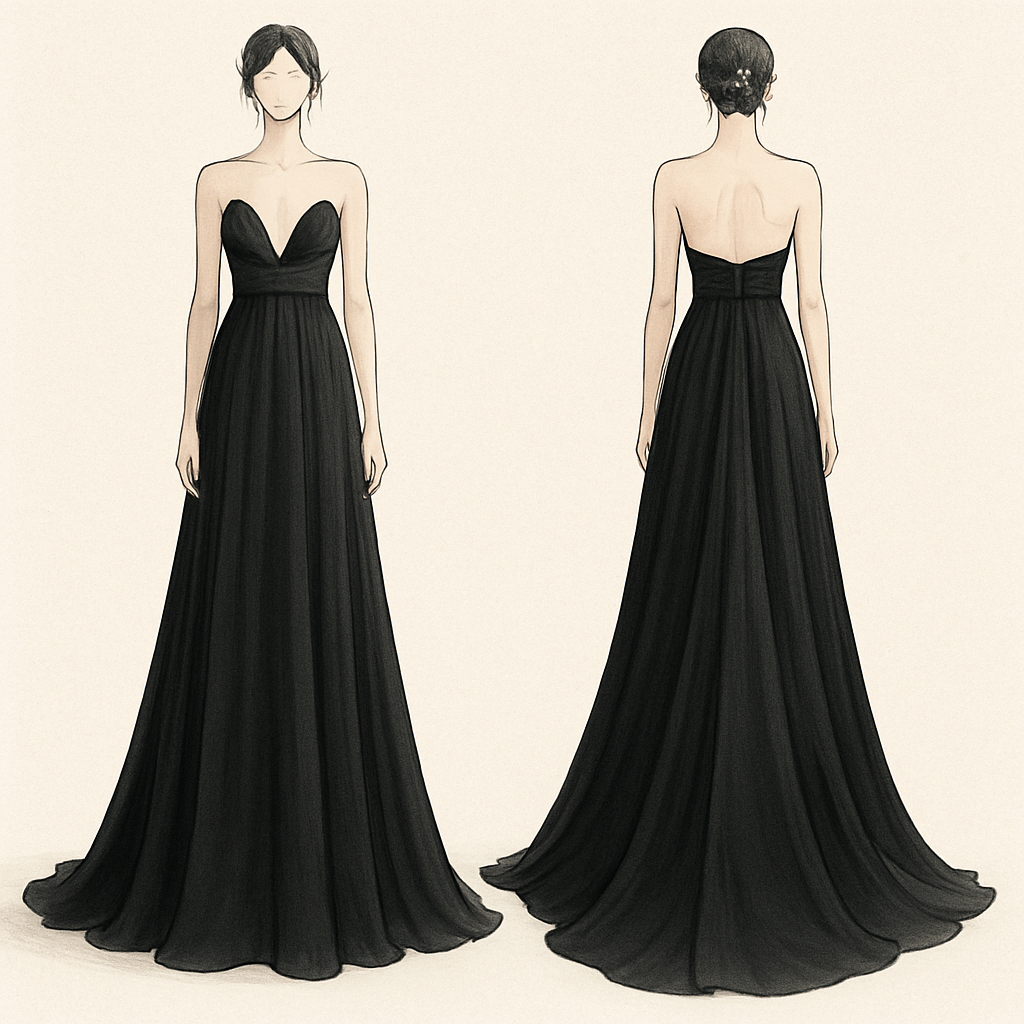 Empire Waist Dress for evening with strapless and v neck with tail
Empire Waist Dress for evening with strapless and v neck with tail
, show front and back