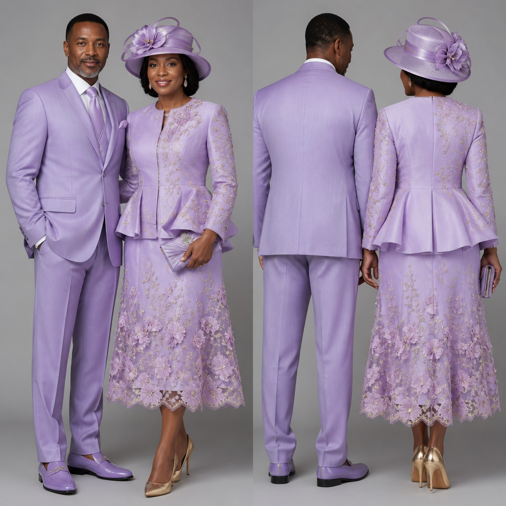 Make a church dress for a pastor and wife anniversary and have the color be lavender with flower motifs on the skirt and jacket with gold high heels with a a matching lavender clutch and and a matching hat and for the pastor let the suit be Lavender with matching lofers and make the pastor and wife African American
photorealistic fashion design, Make a church dress for a pastor and wife anniversary and have the color be lavender with flower motifs on the skirt and jacket with gold high heels with a a matching lavender clutch and and a matching hat and for the pastor let the suit be Lavender with matching lofers and make the pastor and wife African American , just the design no text, show front and back