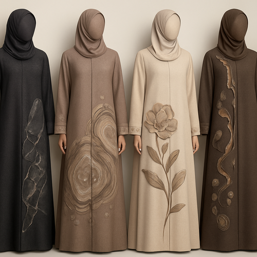 Create a modest abaya that's the first of its kind, featuring a unique stone design that exudes a classy and sophisticated vibe. I'd like four designs, each showcasing different styles and fabrics.Incorporate high-end, unique chic stone designs to make them truly special. And add little cute touch of sophisticated stone designs. Add huge flower and unique designs.