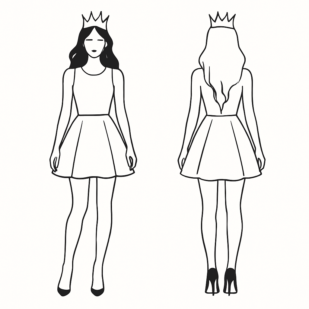 A girl with open hair, wearing a crown, pencil heels and a short party dress
A girl with open hair, wearing a crown, pencil heels and a short party dress, minimalist style, show front and back