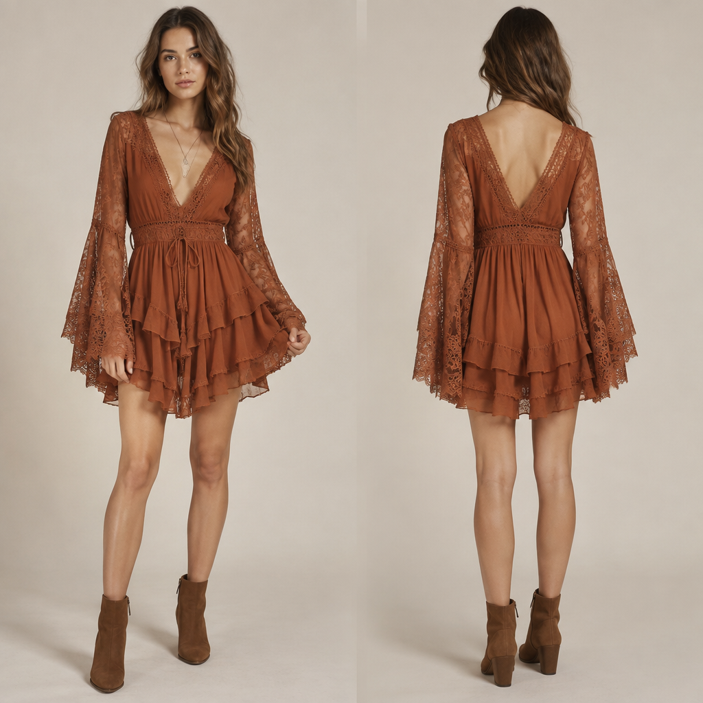 Flowy rust coloured mini dress with layers and lace sleeves that are flowy with a low v neck
photorealistic fashion design, Flowy rust coloured mini dress with layers and lace sleeves that are flowy with a low v neck , bohemian style, just the design no text, show front and back