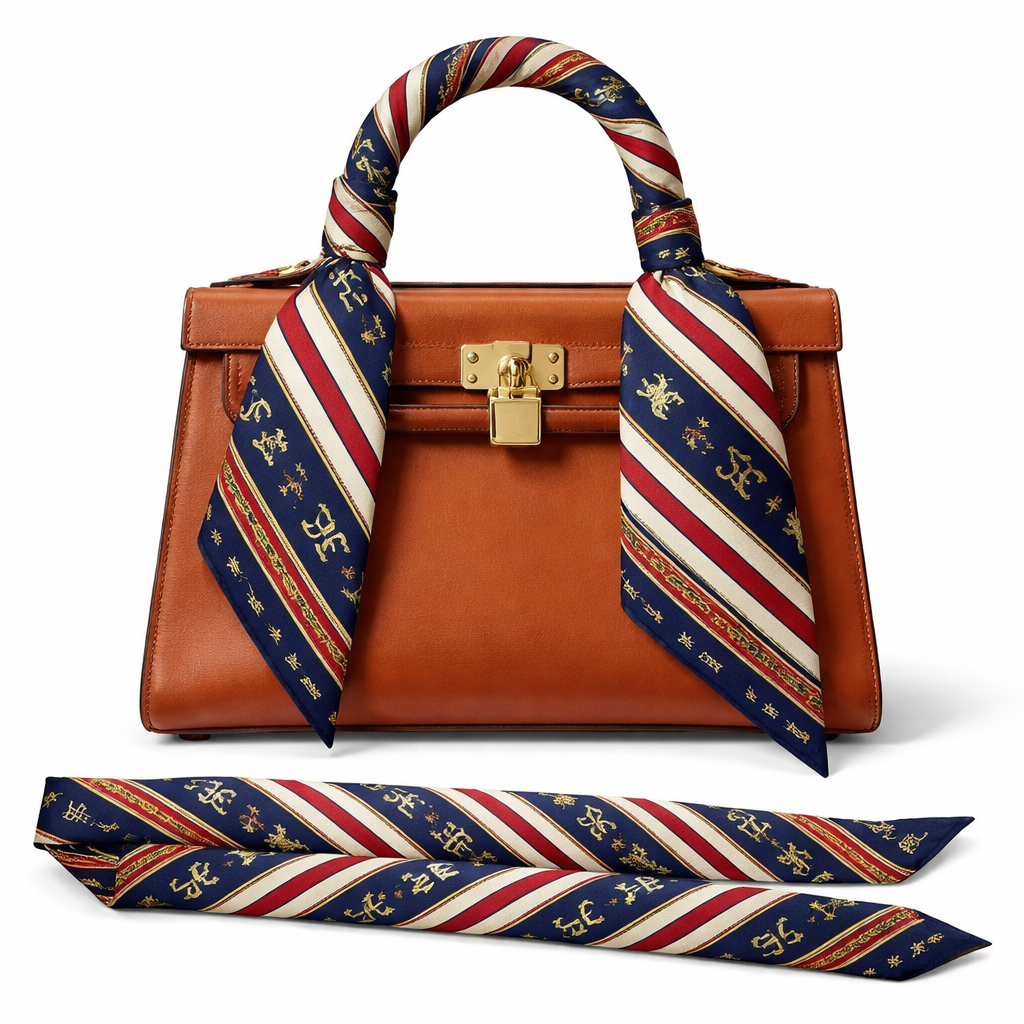 Silk scarf that is 5x86cm designed for a handle on a Kelly style bag using the initials in JF in a diagonal pattern. Intended for a signature look for Jolie Franc. Give it an american classic look with British design flair
Silk scarf that is 5x86cm designed for a handle on a Kelly style bag using the initials in JF in a diagonal pattern. Intended for a signature look for Jolie Franc. Give it an american classic look with British design flair, classic style