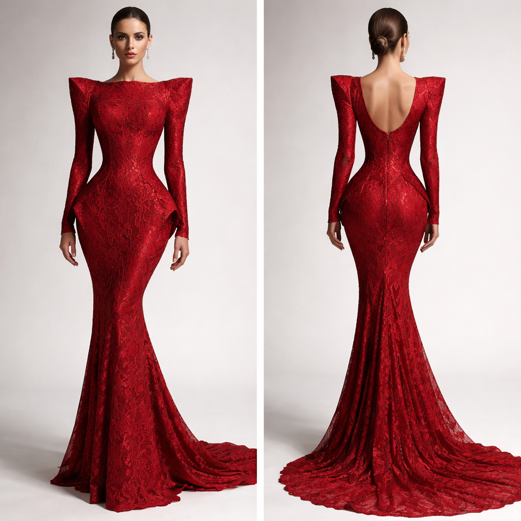 Duga, usko krojena haljina s naglašenim, strukturiranim ramenima. Kroj je oblikovan tako da je u području kukova volumen suptilno izbačen prema van, stvarajući zaobljenu, skulpturalnu siluetu. Kukovi nisu naglašeni rastezljivošću materijala, već konstrukcijom kroja, s jasnim bočnim linijama koje oblikuju tijelo.
Struk je jasno definiran, a ispod struka haljina se lagano širi preko kukova prije nego se ponovno sužava prema koljenima, čime se postiže snažan, ženstven oblik pješčanog sata.
Materijal je crvena čipka s gustim ornamentima po cijeloj površini haljine. Haljina je u punoj dužini, a stražnji dio se produžuje u dugi, mekani šlep koji se vuče po podu.
Ukupni dojam je moderan, skulpturalan i elegantan, s naglaskom na arhitektonsku formu kukova. i nemoj da izgleda ko jedtina cipka
Duga, usko krojena haljina s naglašenim, strukturiranim ramenima. Kroj je oblikovan tako da je u području kukova volumen suptilno izbačen prema van, stvarajući zaobljenu, skulpturalnu siluetu. Kukovi nisu naglašeni rastezljivošću materijala, već konstrukcijom kroja, s jasnim bočnim linijama koje oblikuju tijelo.
Struk je jasno definiran, a ispod struka haljina se lagano širi preko kukova prije nego se ponovno sužava prema koljenima, čime se postiže snažan, ženstven oblik pješčanog sata.
Materijal je crvena čipka s gustim ornamentima po cijeloj površini haljine. Haljina je u punoj dužini, a stražnji dio se produžuje u dugi, mekani šlep koji se vuče po podu.
Ukupni dojam je moderan, skulpturalan i elegantan, s naglaskom na arhitektonsku formu kukova. i nemoj da izgleda ko jedtina cipka
, show front and back