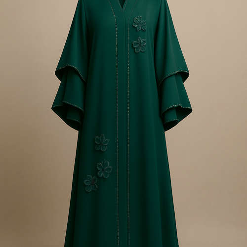 The Luxury Double-Sleeve Abaya
Tone: Deep Emerald Design: Layered double-sleeve with stone outlines and a few floral appliqués. Why it will sell: Double-sleeve designs trend every year sophisticated and instantly attractive.
