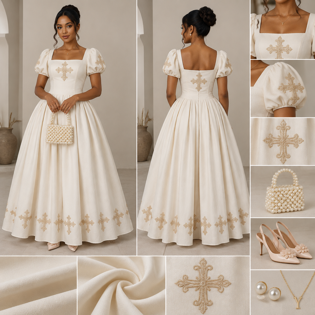 A Unisex Habesha Kemis design, made of Cotton, with a soft, cosy hand, suitable for Summer, in Classic style, shown on a model with brown skin. petal princess gown with a square neckline & short puff sleeves, bodice fitted, highlights the wasit , skirt is wide and full ,gown reaches the floor , has sweet cream cross decoration ,fabric look smooth and luxurious, elegant & royal
pearl bag with petal colour
petal acrylic sling back heels
simple necklace with letter y
petal bold pearl studs
simple male up
show all details the fabric , colours, texture reference Present it as professional fashion catalogue photography: the garment is the subject, shown full-length with editorial styling, neutral posing and tasteful, non-suggestive framing.
photorealistic fashion design, A Unisex Habesha Kemis design, made of Cotton, with a soft, cosy hand, suitable for Summer, in Classic style, shown on a model with brown skin. petal princess gown with a square neckline & short puff sleeves, bodice fitted, highlights the wasit , skirt is wide and full ,gown reaches the floor , has sweet cream cross decoration ,fabric look smooth and luxurious, elegant & royal
pearl bag with petal colour
petal acrylic sling back heels
simple necklace with letter y
petal bold pearl studs
simple male up
show all details the fabric , colours, texture reference Present it as professional fashion catalogue photography: the garment is the subject, shown full-length with editorial styling, neutral posing and tasteful, non-suggestive framing., classic style, just the design no text, show front and back