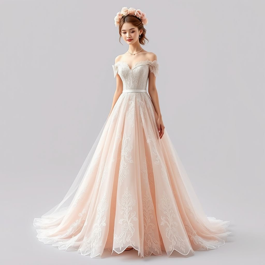 Engagement frock
Design a breathtaking engagement frock that embodies elegance and romance. Imagine a flowing, A-line silhouette in soft blush tulle adorned with intricate lace appliqués. The bodice features delicate off-the-shoulder sleeves, while a cascading train adds a fairy-tale touch. Accentuate with pearl embellishments and a floral headpiece for a whimsical charm.