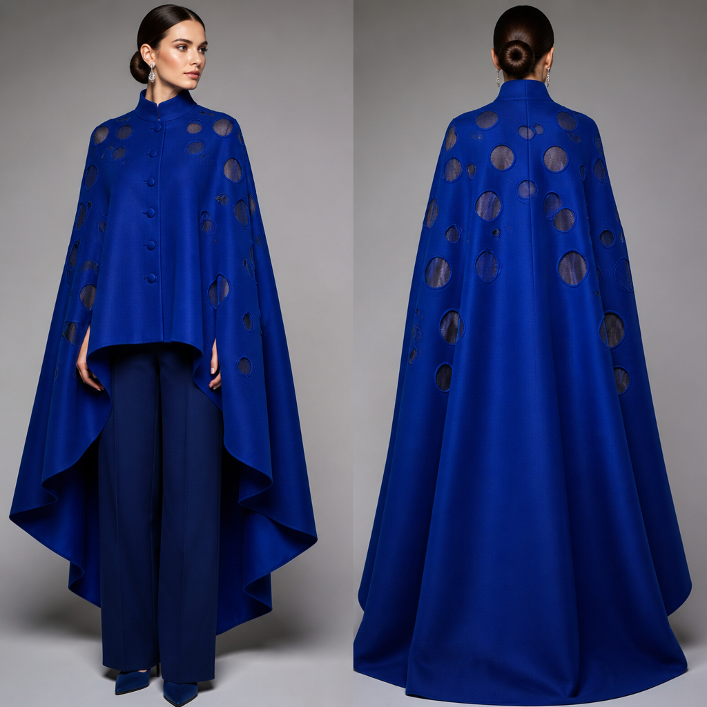 A Female Coat design, made of Wool, for Party, suitable for Spring, in Glamorous + Elegant + Quiet Luxury style. this is beautiful bright royal blue cape layered with simple long sleeves underneath. the cape is longer at the back and short at the front. it doesn't have sleeves. the cape has cut circles holes layered with sheer fabric over the cape. it is pretty and glamorous and its perfect for cold day. Design with modest coverage.
photorealistic fashion design, A Female Coat design, made of Wool, for Party, suitable for Spring, in Glamorous + Elegant + Quiet Luxury style. this is beautiful bright royal blue cape layered with simple long sleeves underneath. the cape is longer at the back and short at the front. it doesn't have sleeves. the cape has cut circles holes layered with sheer fabric over the cape. it is pretty and glamorous and its perfect for cold day. Design with modest coverage., glamorous style, just the design no text, show front and back