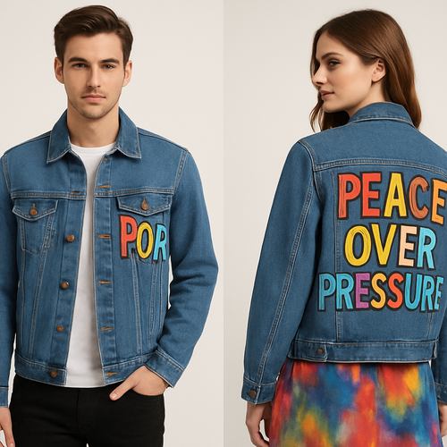 The name of the brand is Peace Over Pressure. I want a very fashionable and colorful fashion denim jacket on a male and female adult. The monogram is POP. Let the lettering be colorful and fashion appealing 