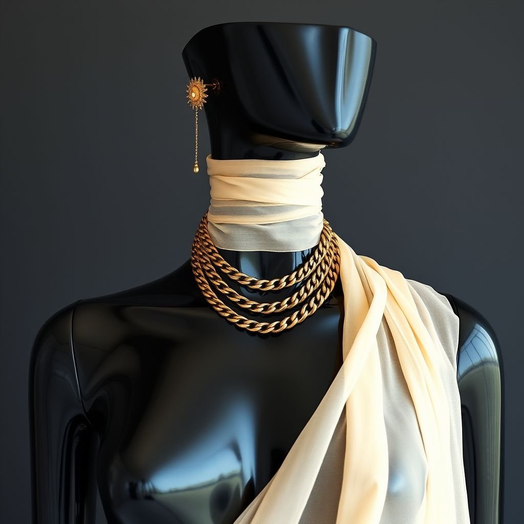 Create a image of a black neck to chest mannequin that has a non blemish gold pin earring and a neck chain around it
Design a stunning black neck-to-chest mannequin showcasing an avant-garde fashion style. Adorned with a flawless gold pin earring and a chunky, layered neck chain, the mannequin exudes elegance. Its glossy finish contrasts beautifully with sheer, flowing fabric draped artistically around it, creating a captivating blend of modern chic and timeless sophistication.