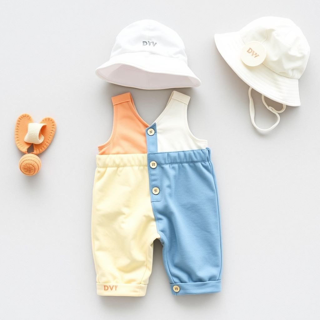SHEIN Baby Boy 2 In 1 Splice Vest Jumpsuit With Hat, Gentleman Outfits. With “DV” on the bottom left corner.
Design a casual, playful 2-in-1 splice vest jumpsuit for baby boys, combining soft cotton fabrics in pastel hues. Emphasize comfort with adjustable straps and a relaxed fit, perfect for active play. Add a matching hat for sun protection, and incorporate a charming “DV” logo subtly on the bottom left corner.