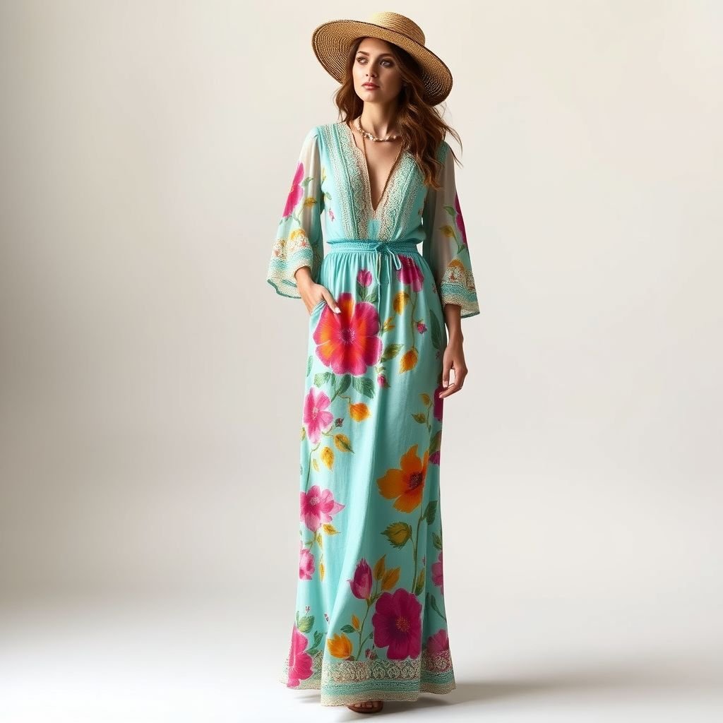 Lace, flowy, summer dress, colorful
Design a dreamy bohemian summer dress that captures the essence of wanderlust. Envision a flowy, ankle-length gown adorned with intricate lace details, featuring vibrant, hand-painted floral patterns in a bold color palette of turquoise, amber, and magenta. Include billowy sleeves and a cinched waist for an effortless, free-spirited vibe.