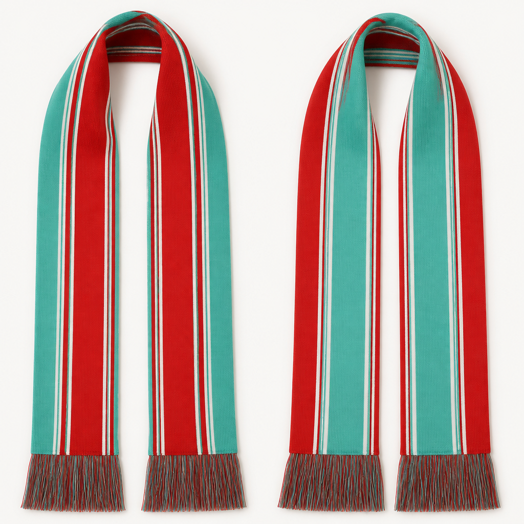 Design a scarf with longitudinal linear lines for the kc Current soccer team using red and teal. Make it preppy
photorealistic fashion design, Design a scarf with longitudinal linear lines for the kc Current soccer team using red and teal. Make it preppy , just the design no text, show front and back