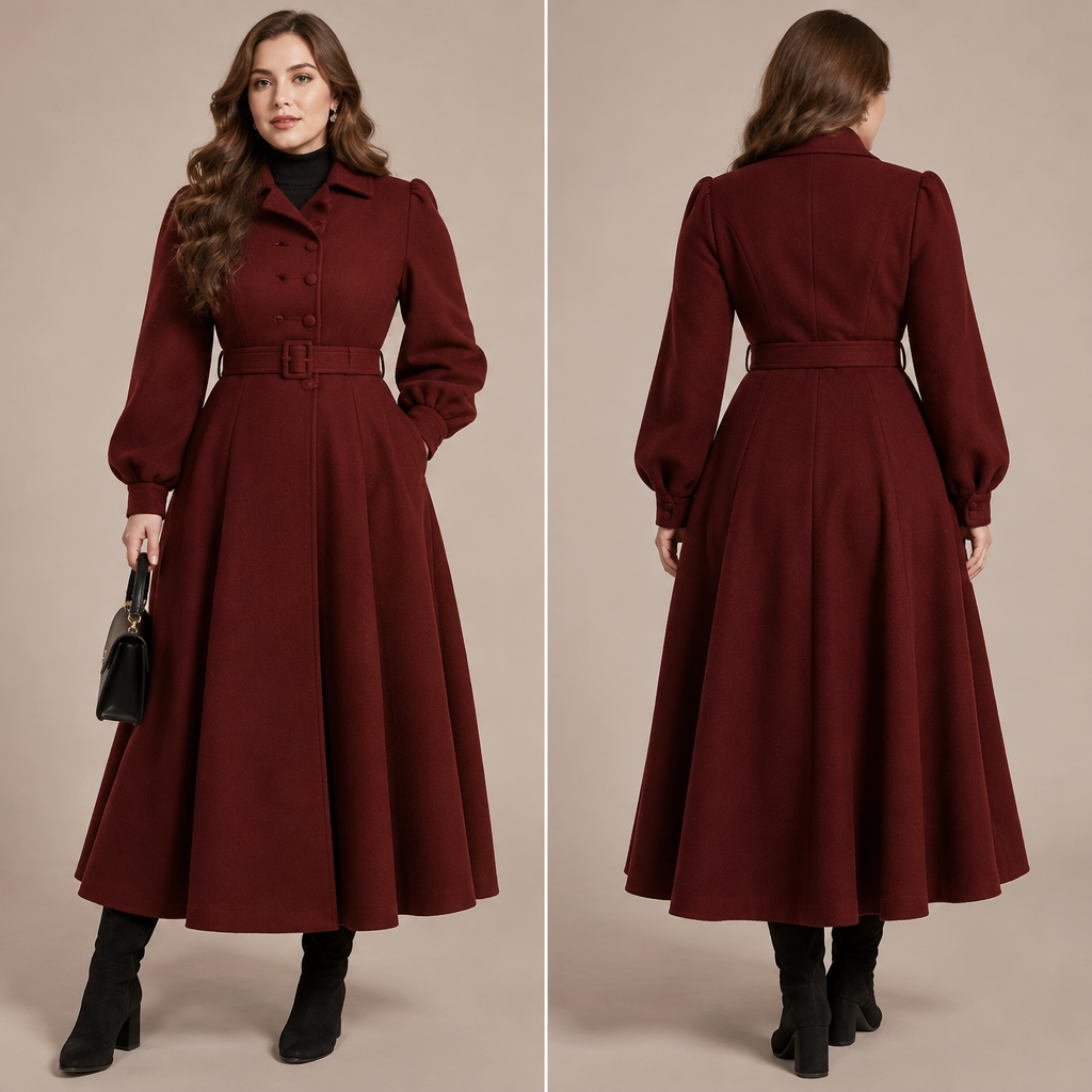 A Female Dress design, with a soft, cosy hand, with an A-Line silhouette, with modest, full coverage: longer hemlines, higher necklines and covered shoulders, for Casual, suitable for Winter, suited to a Cold climate, in Formal + Elegant style, shown on a model with fair skin and a curvy figure. something elegant but at the same time something I can wear to go to our towns funfair. dark red tones, black or blue would be perfect but not all at once. please make the waist highlighted since I'm a little curvy from my hips downward. not too many patterns. but make it look fashionable. Present it as professional fashion catalogue photography: the garment is the subject, shown full-length with editorial styling, neutral posing and tasteful, non-suggestive framing.
photorealistic fashion design, A Female Dress design, with a soft, cosy hand, with an A-Line silhouette, with modest, full coverage: longer hemlines, higher necklines and covered shoulders, for Casual, suitable for Winter, suited to a Cold climate, in Formal + Elegant style, shown on a model with fair skin and a curvy figure. something elegant but at the same time something I can wear to go to our towns funfair. dark red tones, black or blue would be perfect but not all at once. please make the waist highlighted since I'm a little curvy from my hips downward. not too many patterns. but make it look fashionable. Present it as professional fashion catalogue photography: the garment is the subject, shown full-length with editorial styling, neutral posing and tasteful, non-suggestive framing., formal style, just the design no text, show front and back