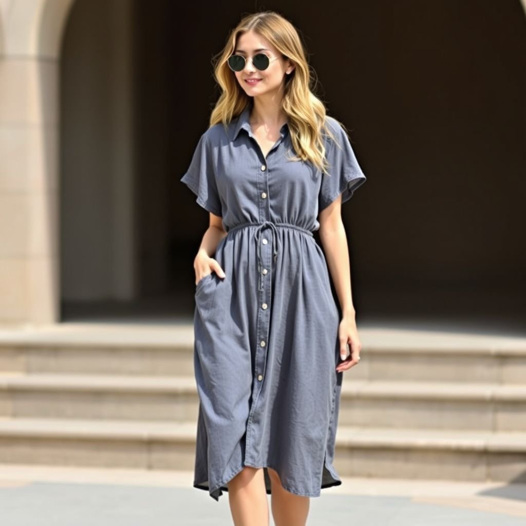 Frontal Button down midi dress with flowy short arms and with elastic at the back so itcan stretch fit big bust .the dress must also be flowy at the bottom to flaunt a womes curves with shirred back design and with two strings at the waist that tie to the back and make the waist smaller
Design a relaxed, casual midi dress featuring a button-down front for effortless style. Short, flowy sleeves enhance comfort while the elastic shirred back accommodates diverse bust sizes. The skirt drapes gracefully to accentuate curves, and adjustable waist ties create a flattering silhouette. Perfect for laid-back outings or sunny days!