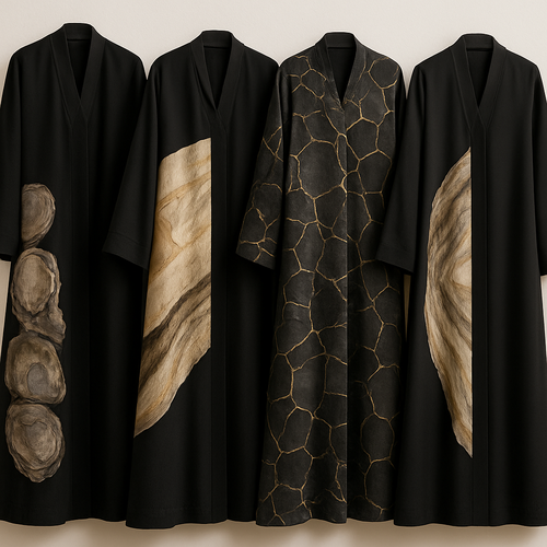Create a modest abaya that's the first of its kind, featuring a unique stone design that exudes a classy and sophisticated vibe. I'd like four designs, each showcasing different styles and fabrics.
Incorporate high-end, unique chic stone designs to make them truly special.